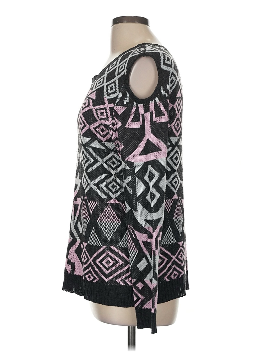 Women's vintage Black & Pink Geometric Cold-Shoulder Sweater - Picture 7 of 8